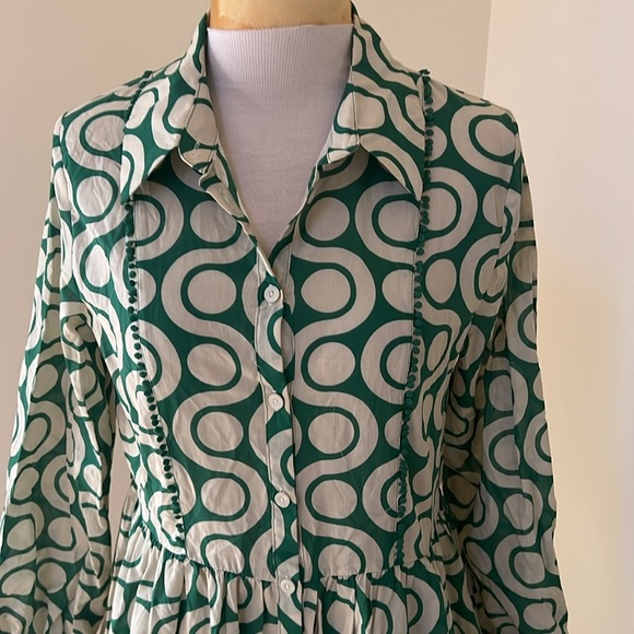 New! Zara medium green ecru combo long sleeve front button dress. - Picture 2 of 9